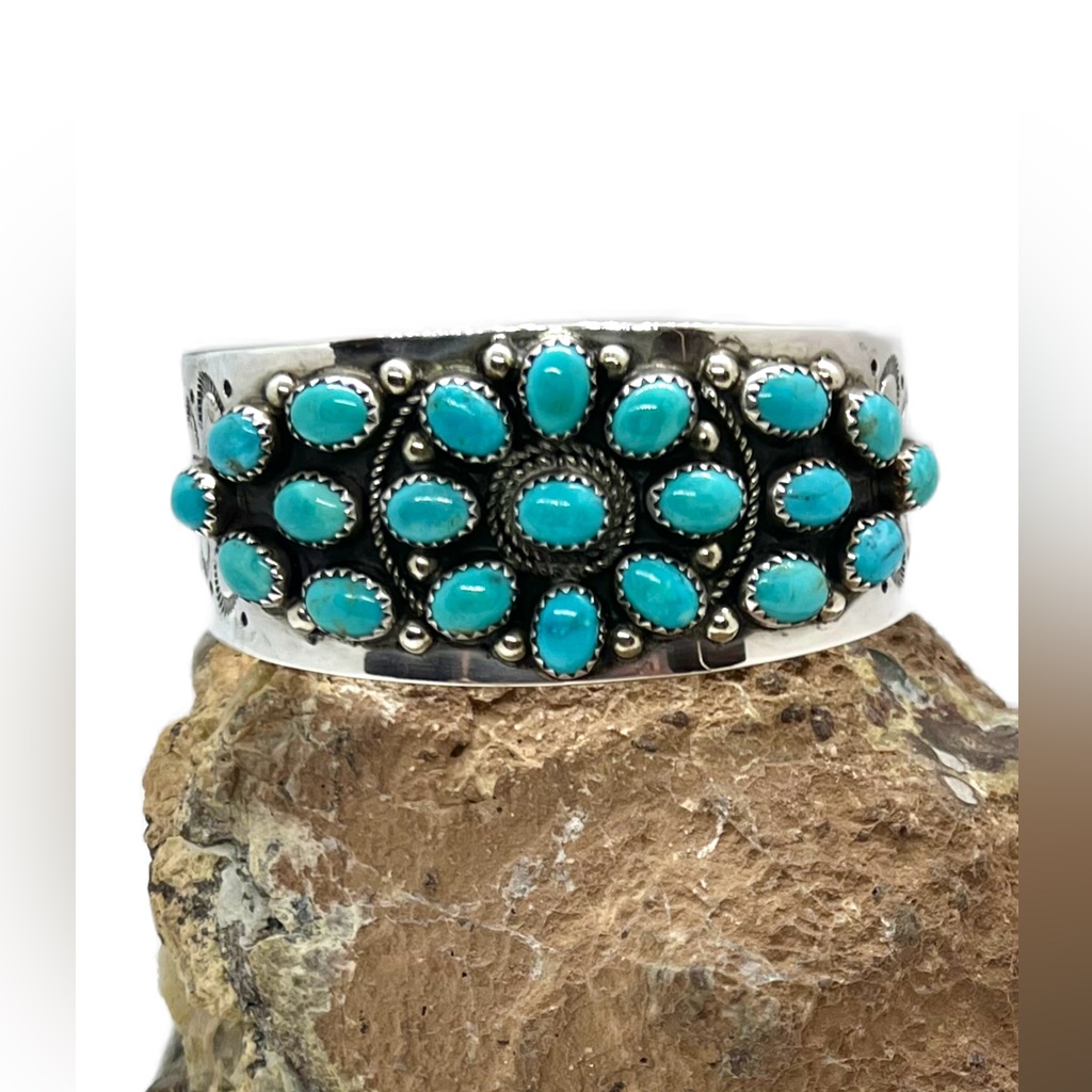 Violet Nez Signed Navajo Handmade Sterling Silver Turquoise Cuff Bracelet 6 7/8